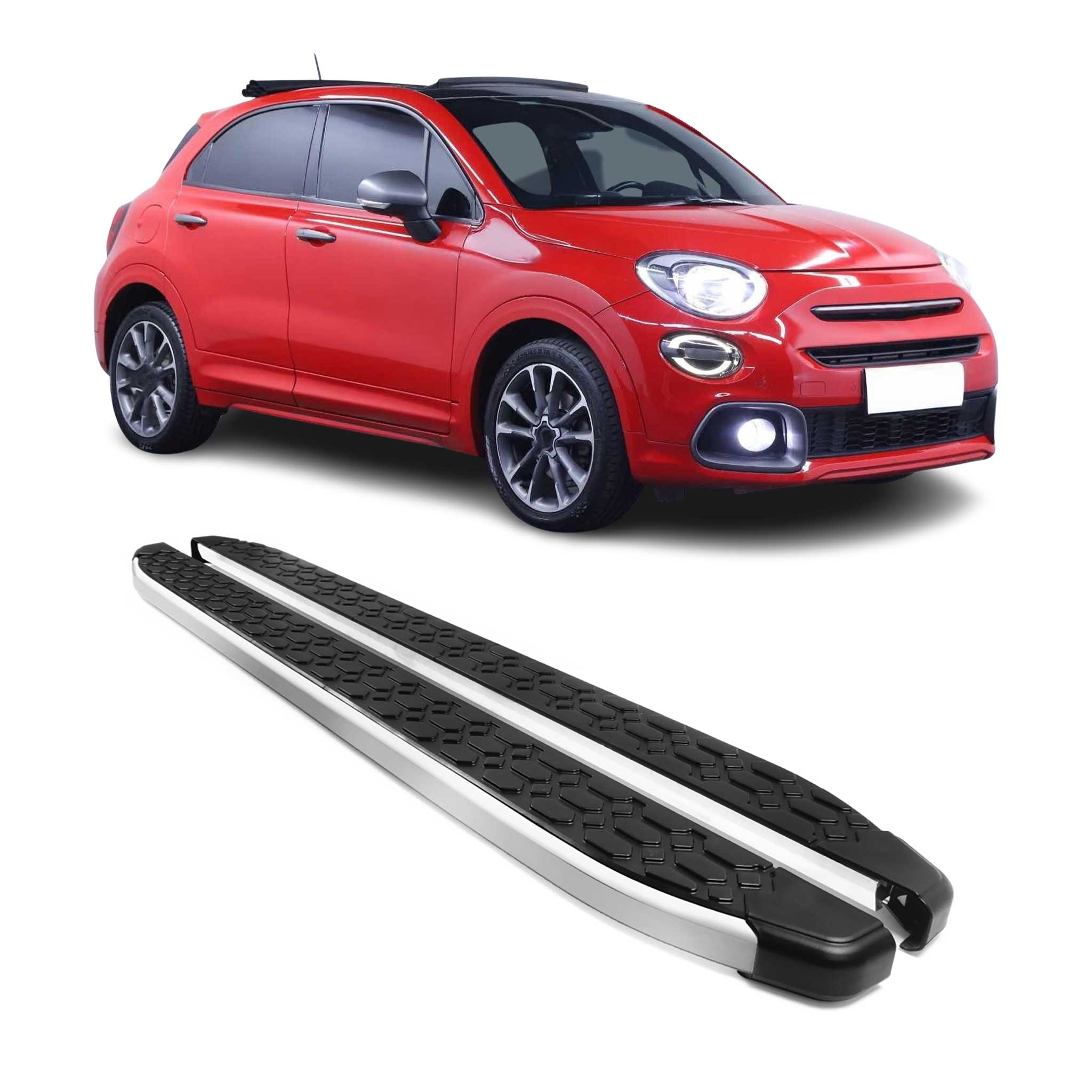Alu Trittbretter Seitenschweller für Fiat 500X 2015-2026 Schwarz Silber 2tlg