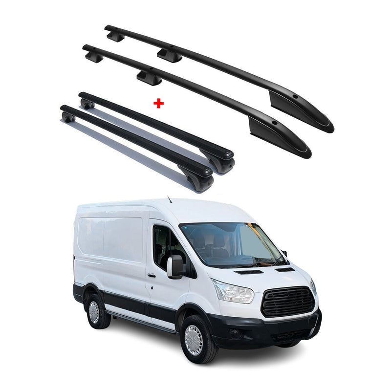 Dachreling + Dachträger für Ford Transit 2014-2025 L2 Mitte RS Alu Schwarz 4x
