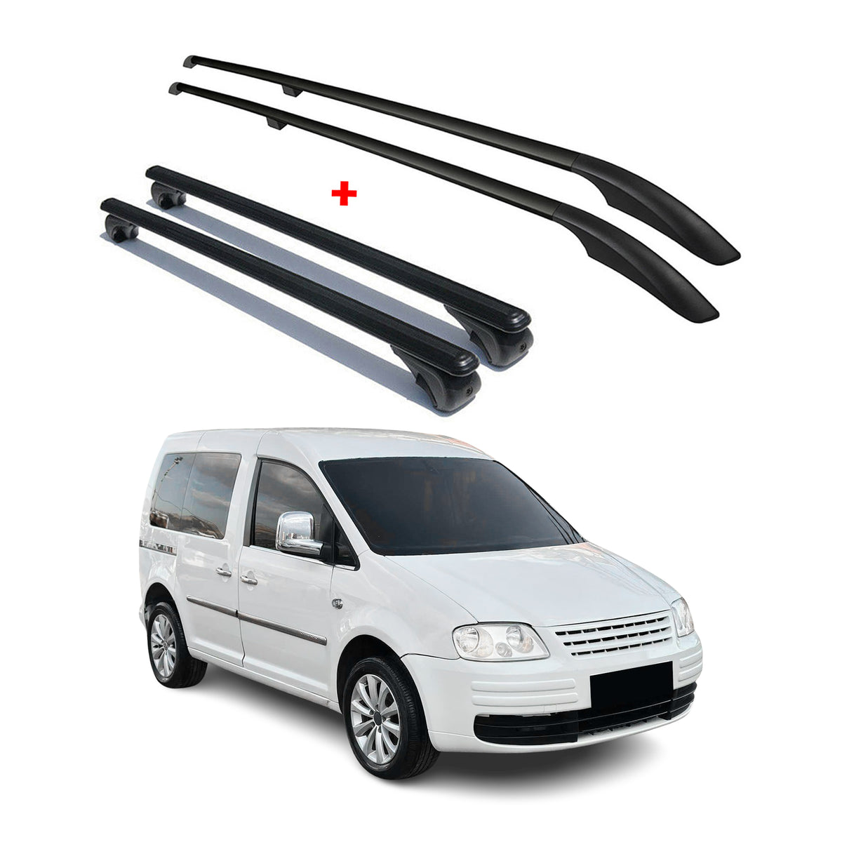 Dachreling + Dachträger SET für VW Caddy 2003-2015 Kurzer Aluminium Schwarz 4tlg