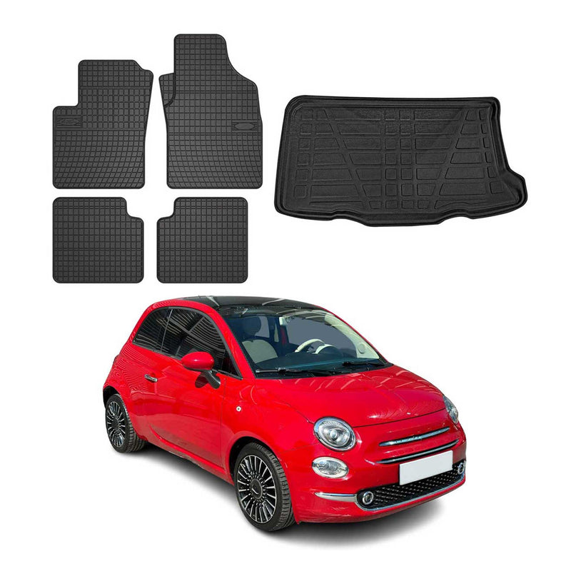 Fußmatten & Kofferraumwanne Set für Fiat 500 2012-2025 Gummi TPE Schwarz 5x