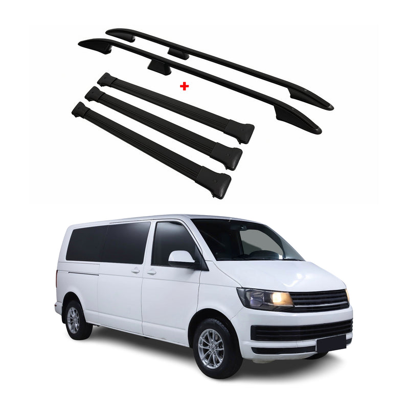 Dachreling + Dachträger für VW T6 T6.1 Transporter L2 Langer Alu Schwarz 5x