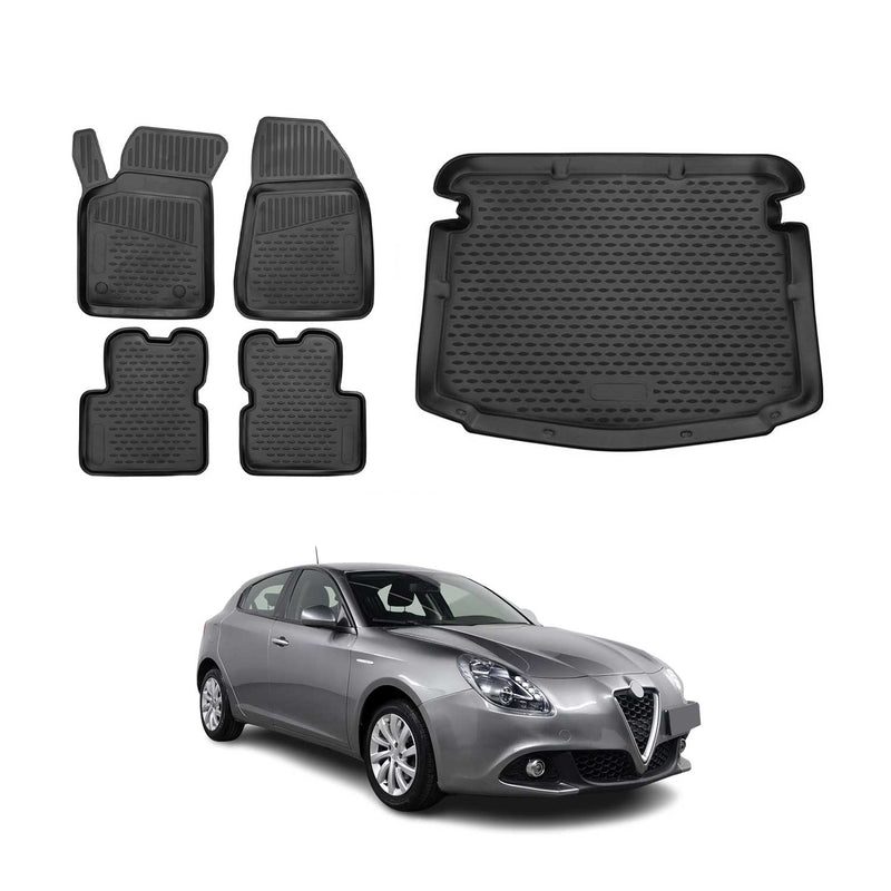 Fußmatten & Kofferraumwanne Set für Alfa Romeo Giulietta 2010-2020 TPE Schwarz