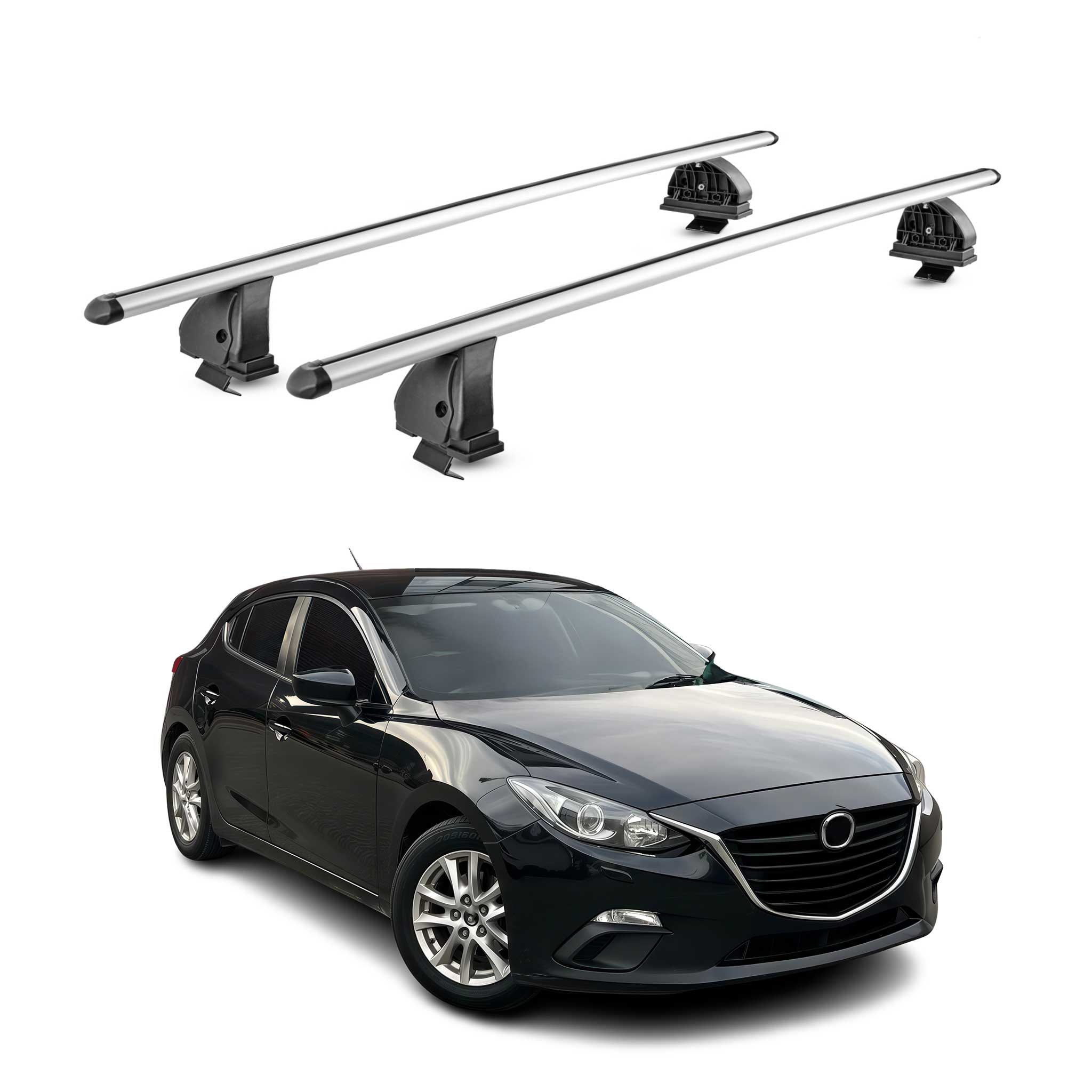 Alu Dachträger für Mazda 3 III Schrägheck 2014-2018 TÜV T-Nut 75 kg 2tlg Silber