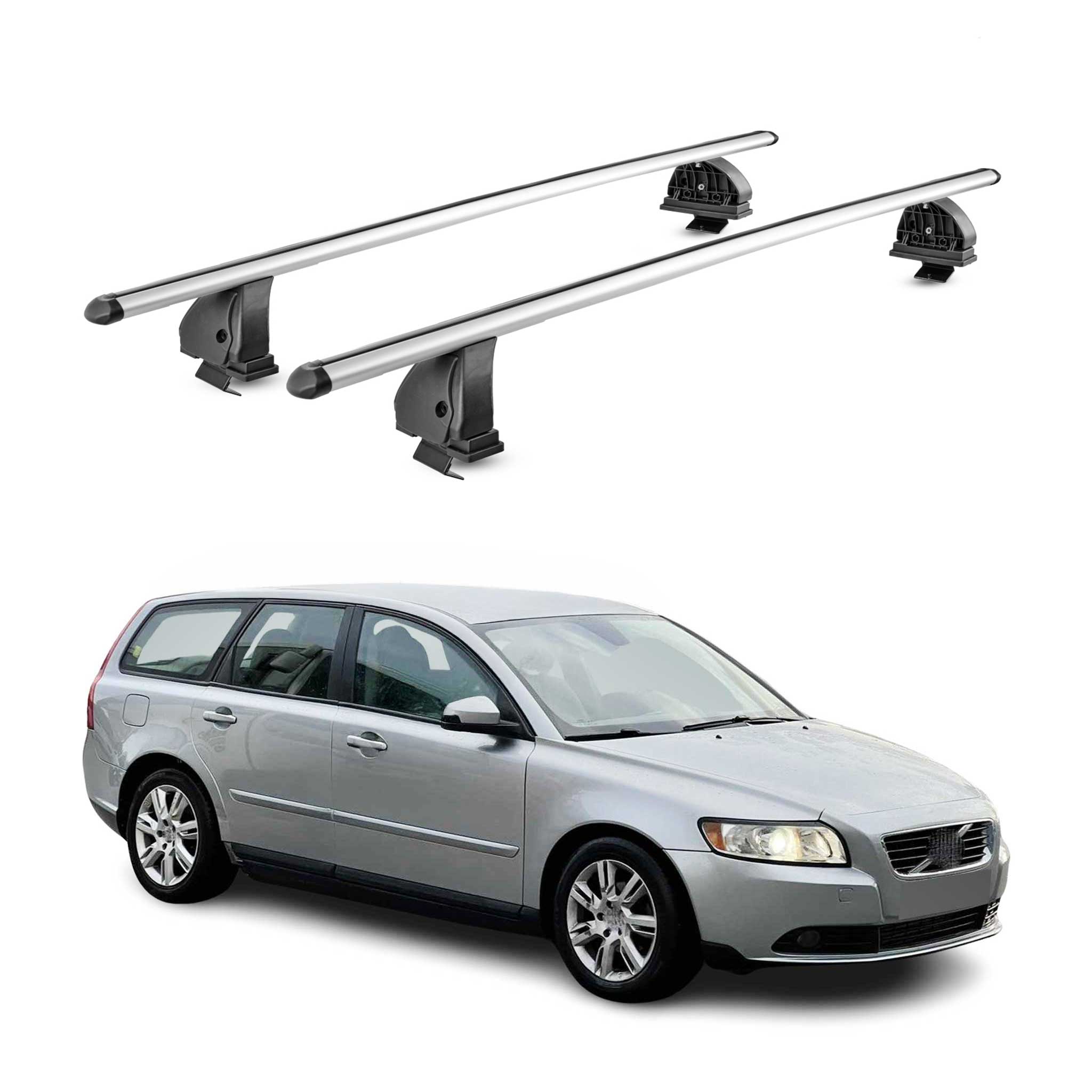 Alu Dachträger für Volvo V50 2004-2012 TÜV Abschließbar T-Nut 75 kg 2tlg Silber