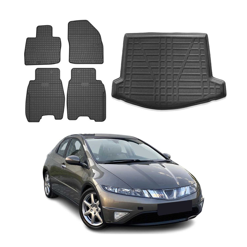 Fußmatten & Kofferraumwanne Set für Honda Civic Schrägheck 2005-2012 Gummi 5x