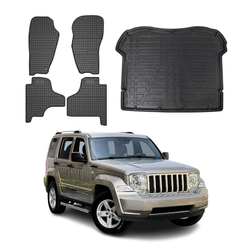 Fußmatten & Kofferraumwanne Set für Jeep Cherokee 2007-2013 Gummi Schwarz 5x