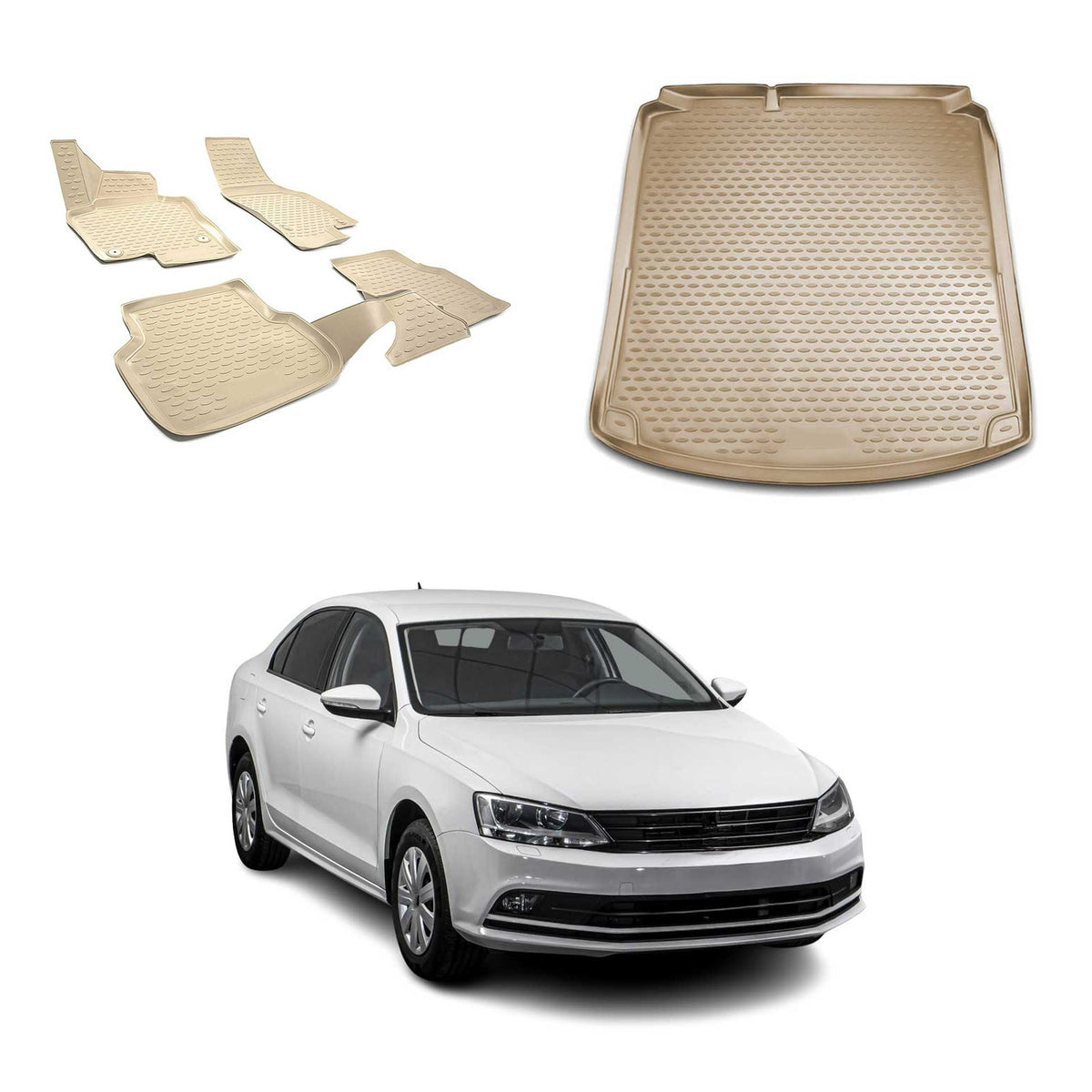 OMAC Fußmatten & Kofferraumwanne Set für VW Jetta 2010-2018 Beige