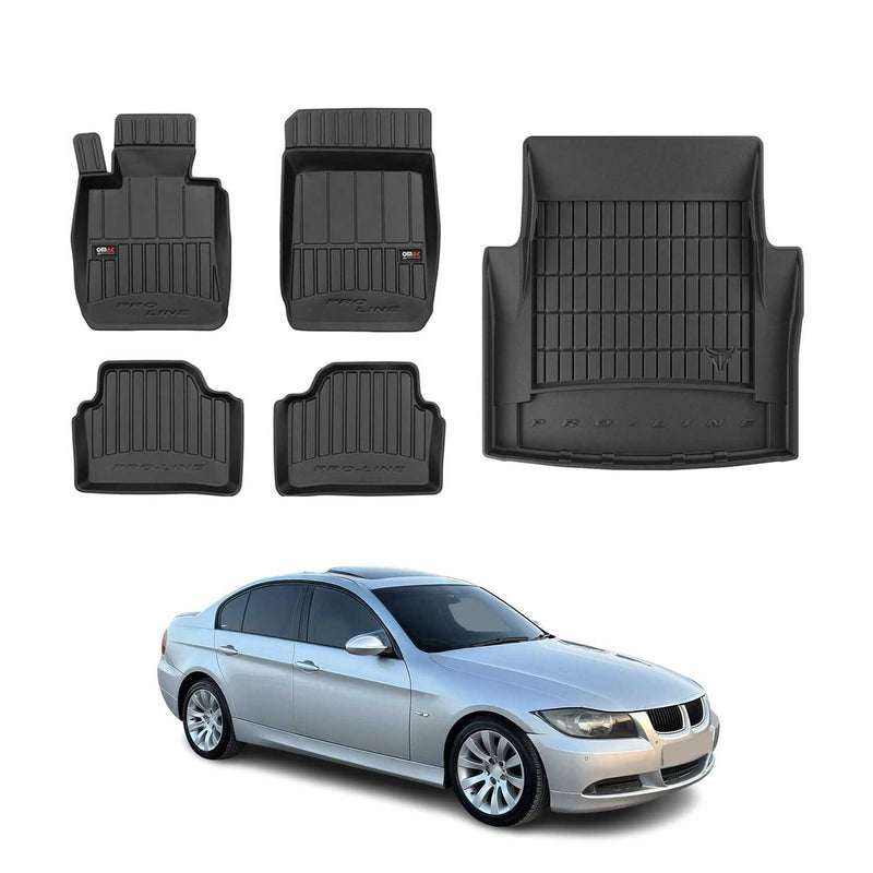 OMAC Fußmatten & Kofferraumwanne Set für BMW 3er E90 2004-2011 Gummi Schwarz 5x