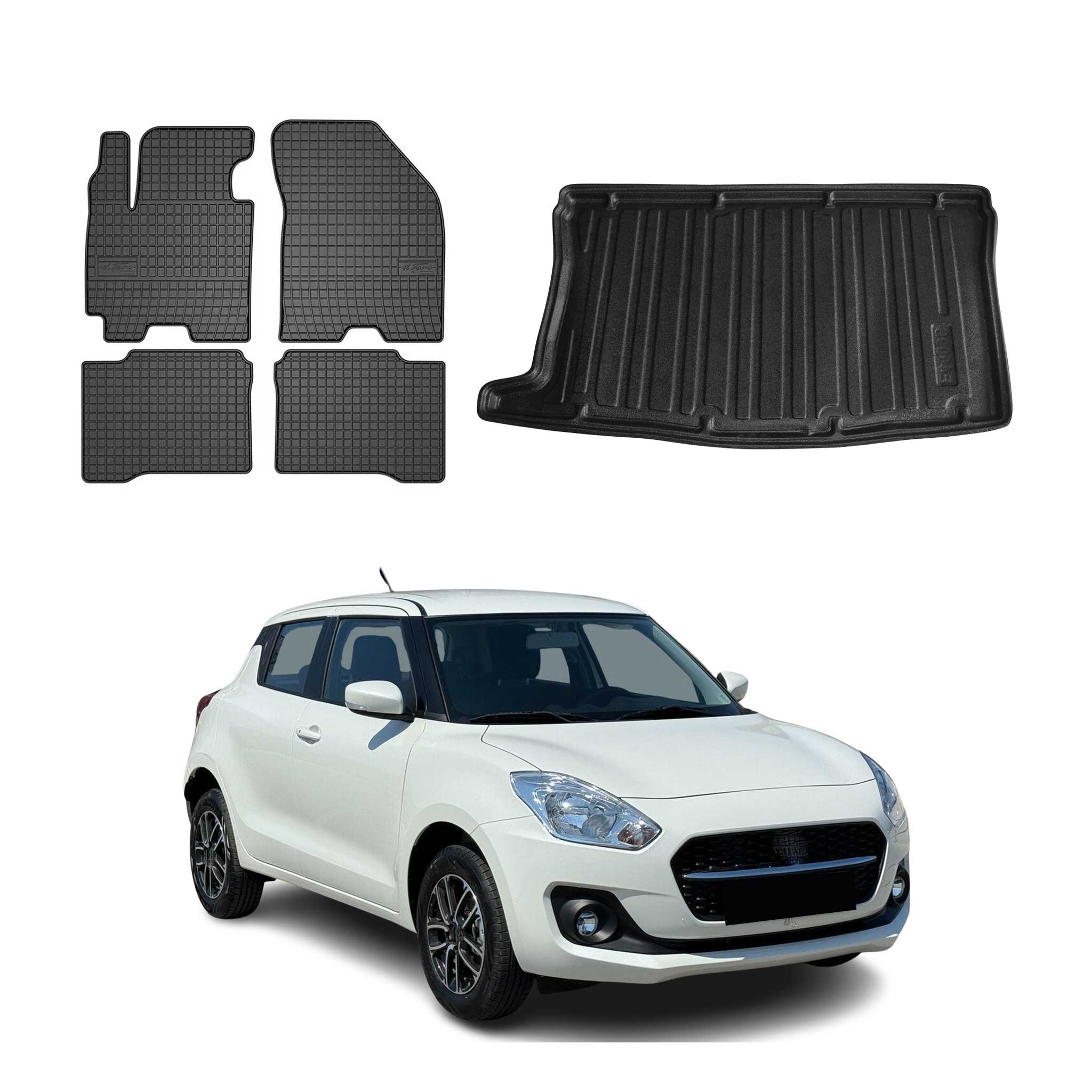 Fußmatten & Kofferraumwanne Set für Suzuki Swift 2017-2024 Gummi TPE Schwarz 5x