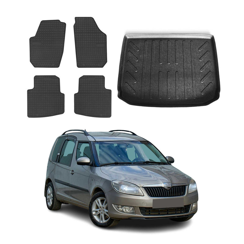 Fußmatten & Kofferraumwanne Set für Skoda Roomster 2006-2015 Gummi Schwarz 5x