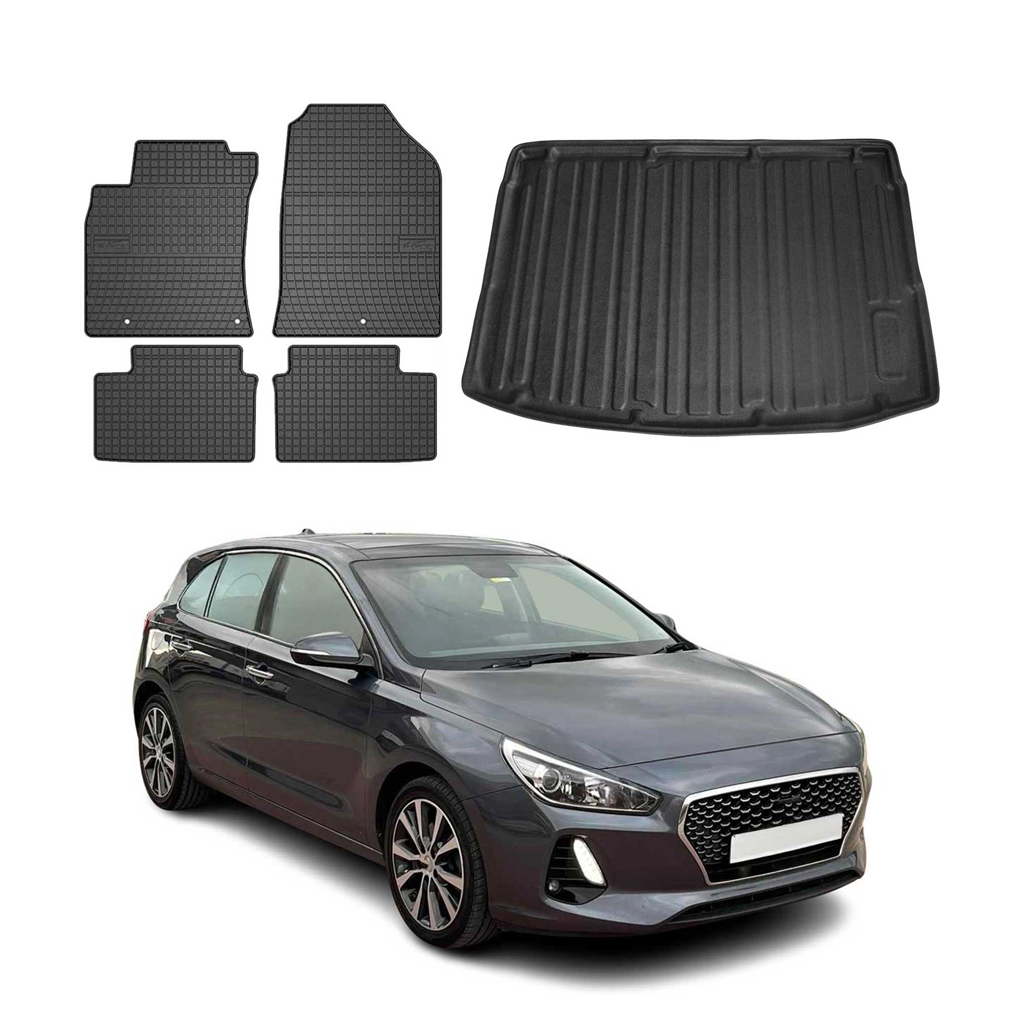 Fußmatten & Kofferraumwanne Set für Hyundai i30 2017-2026 Gummi TPE Schwarz 5x