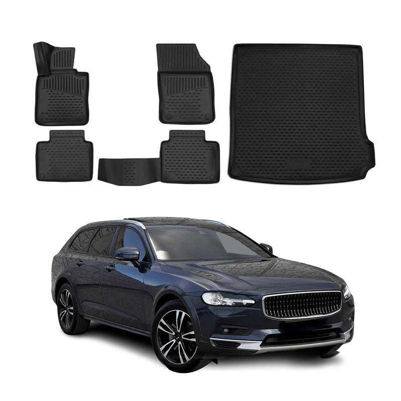 Fußmatten & Kofferraumwanne Set für Volvo V90 Kombi 2017-2021 Pre-FL TPE Schwarz