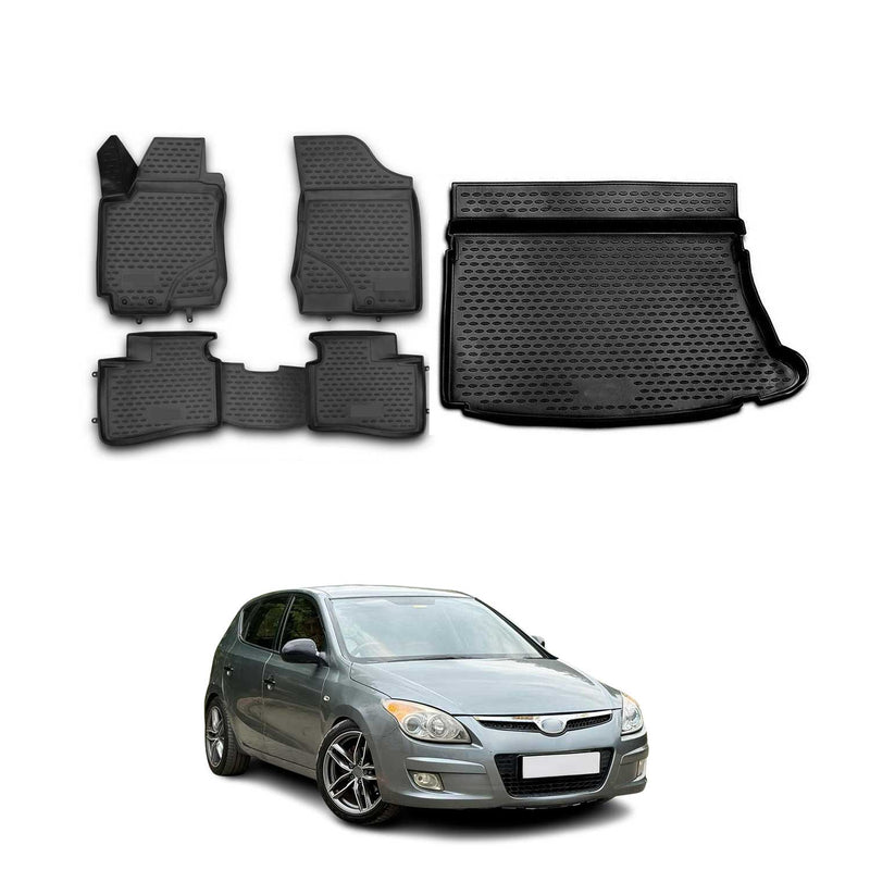 Fußmatten & Kofferraumwanne Set für Hyundai i30 2007-2011 Schrägheck TPE Schwarz
