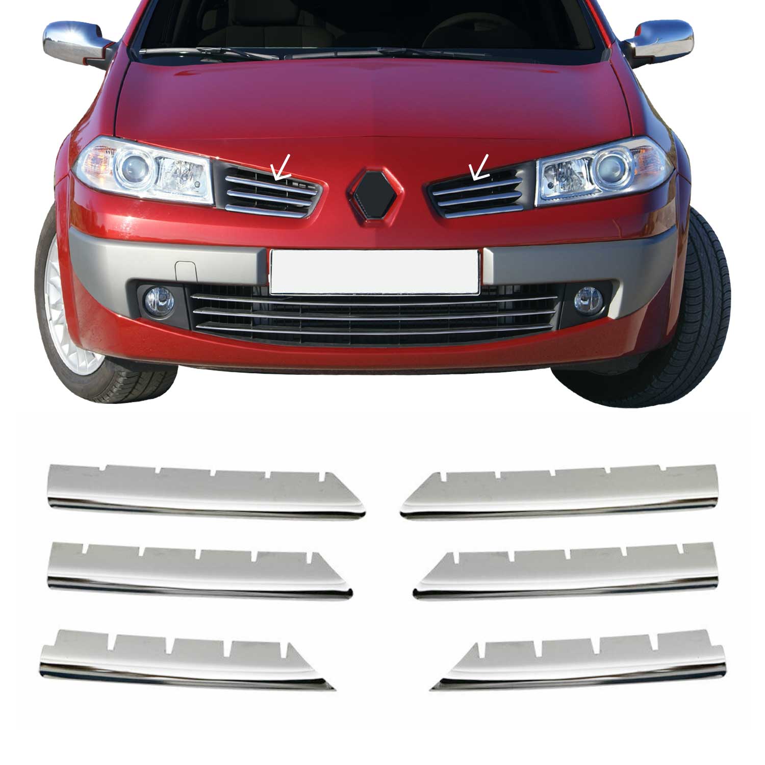 Kühlergrill Leisten Grillleisten für Renault Megane 2002-2006 Edelstahl Chrom 6x