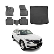 Fußmatten & Kofferraumwanne Set für Skoda Kodiaq 2016-2026 Gummi TPE Schwarz 5x