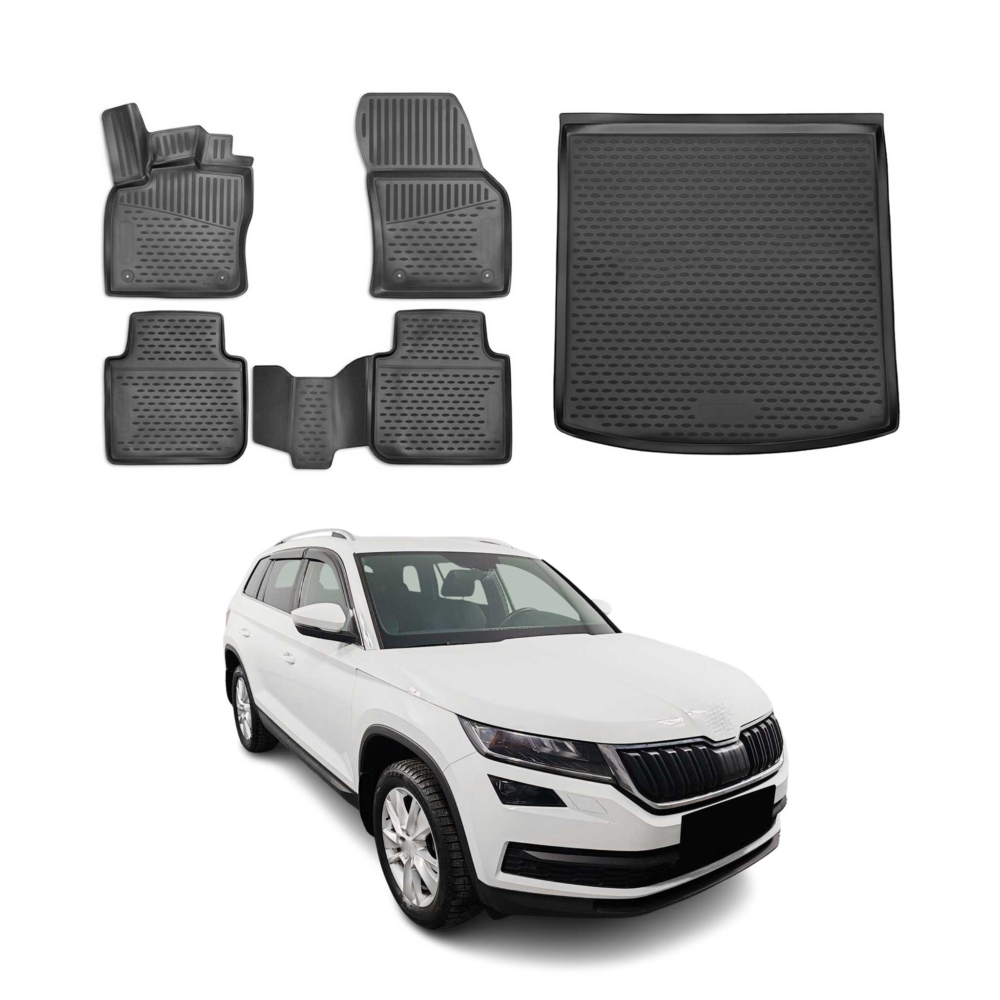 Fußmatten & Kofferraumwanne Set für Skoda Kodiaq 2016-2026 Gummi TPE Schwarz 5x