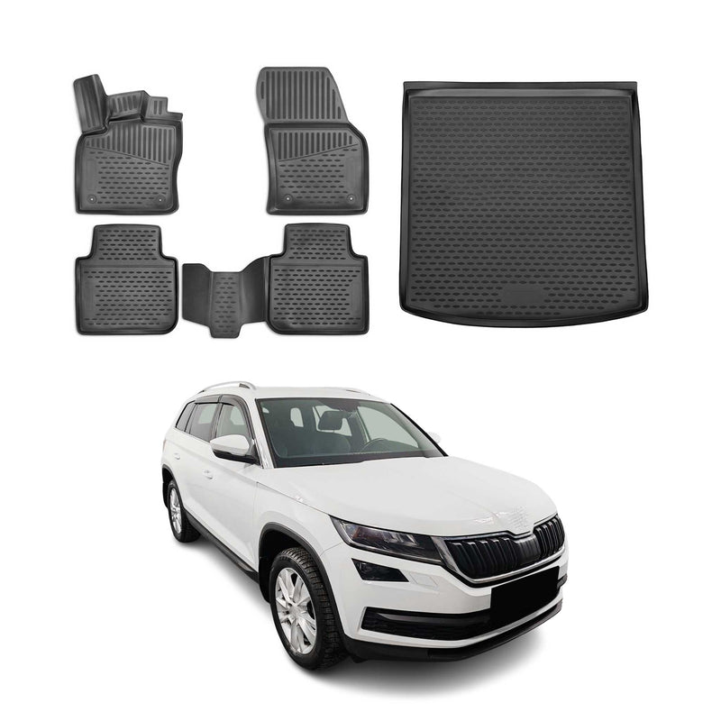 Fußmatten & Kofferraumwanne Set für Skoda Kodiaq 2016-2025 Gummi TPE Schwarz 5x