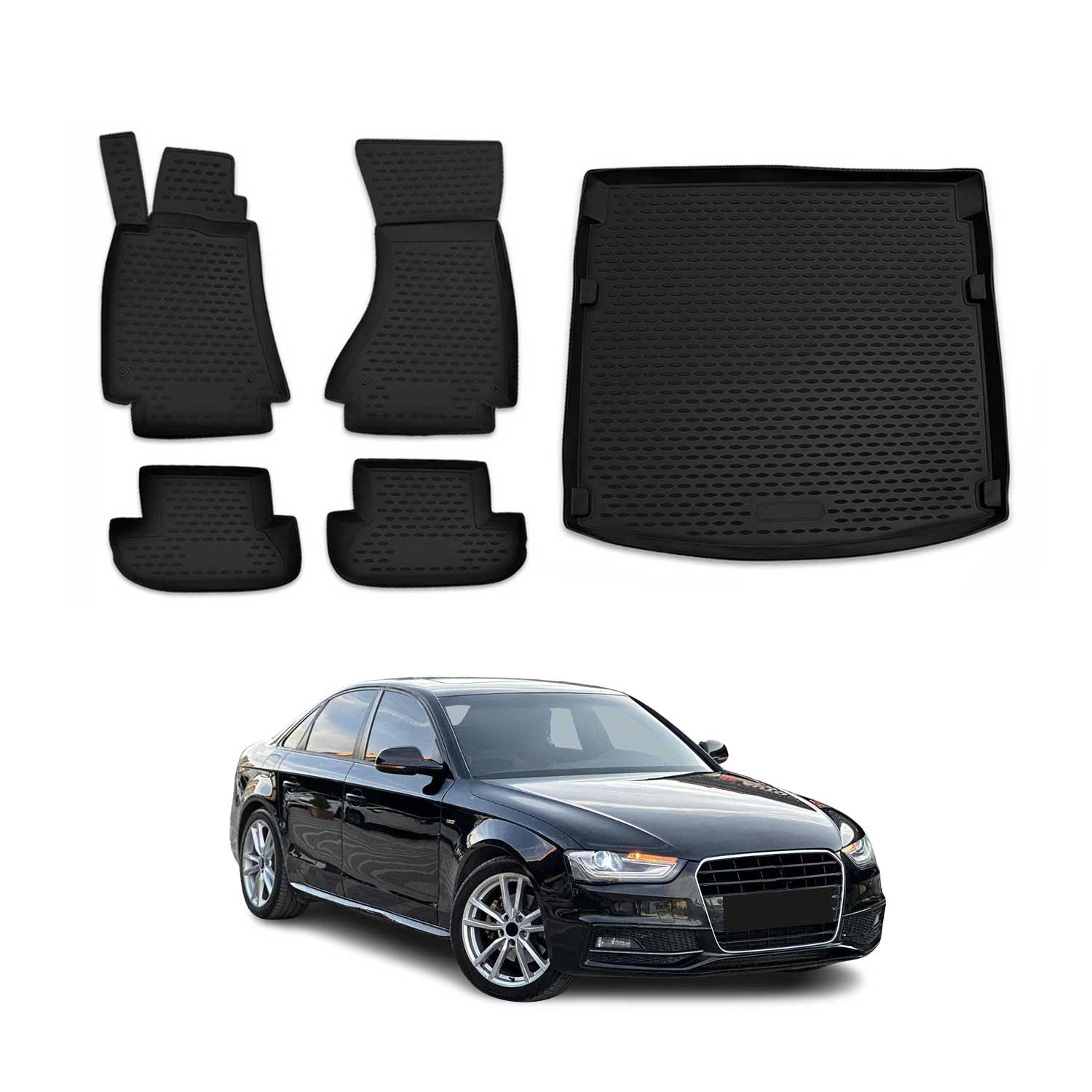 Fußmatten & Kofferraumwanne Set für Audi A4 B8 Limousine 2009-2016 Schwarz