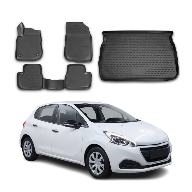 Fußmatten & Kofferraumwanne Set für Peugeot 208 2012-2019 Schrägheck TPE Schwarz