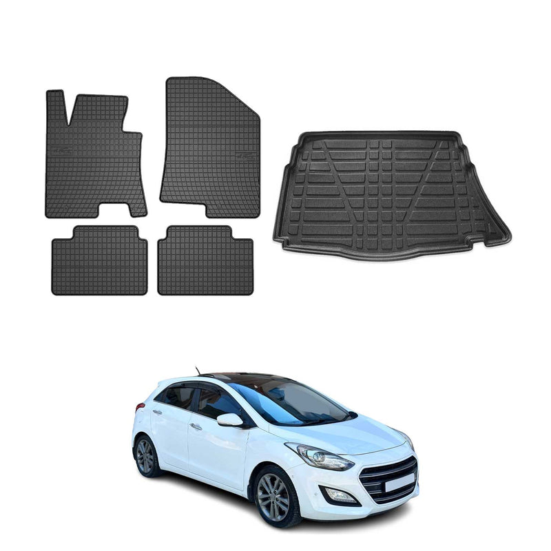 Fußmatten & Kofferraumwanne Set für Hyundai i30 Schrägheck 2012-2016 Schwarz 5x