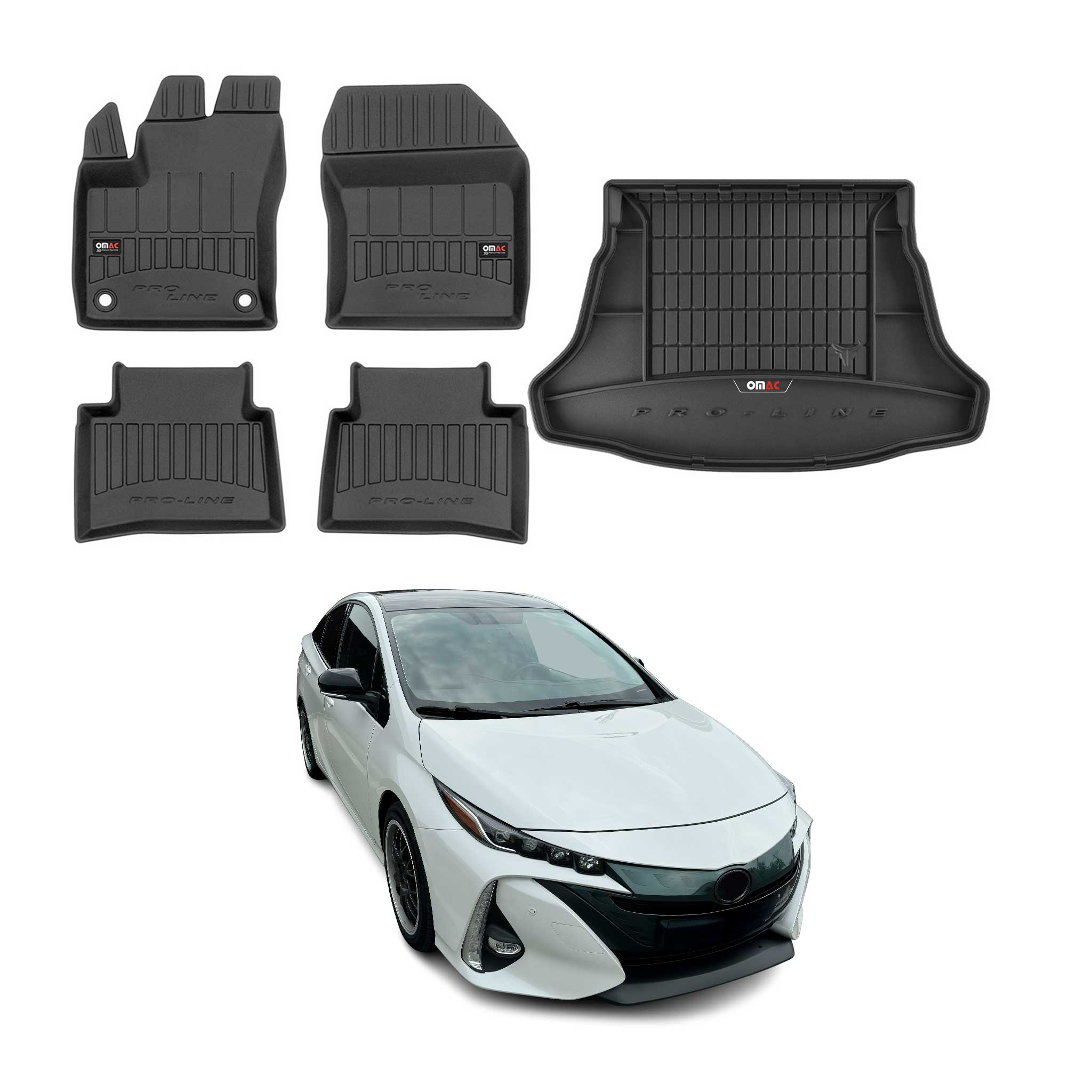 OMAC Fußmatten & Kofferraumwanne Set für Toyota Prius 2015-2022 Gummi Schwarz 5x