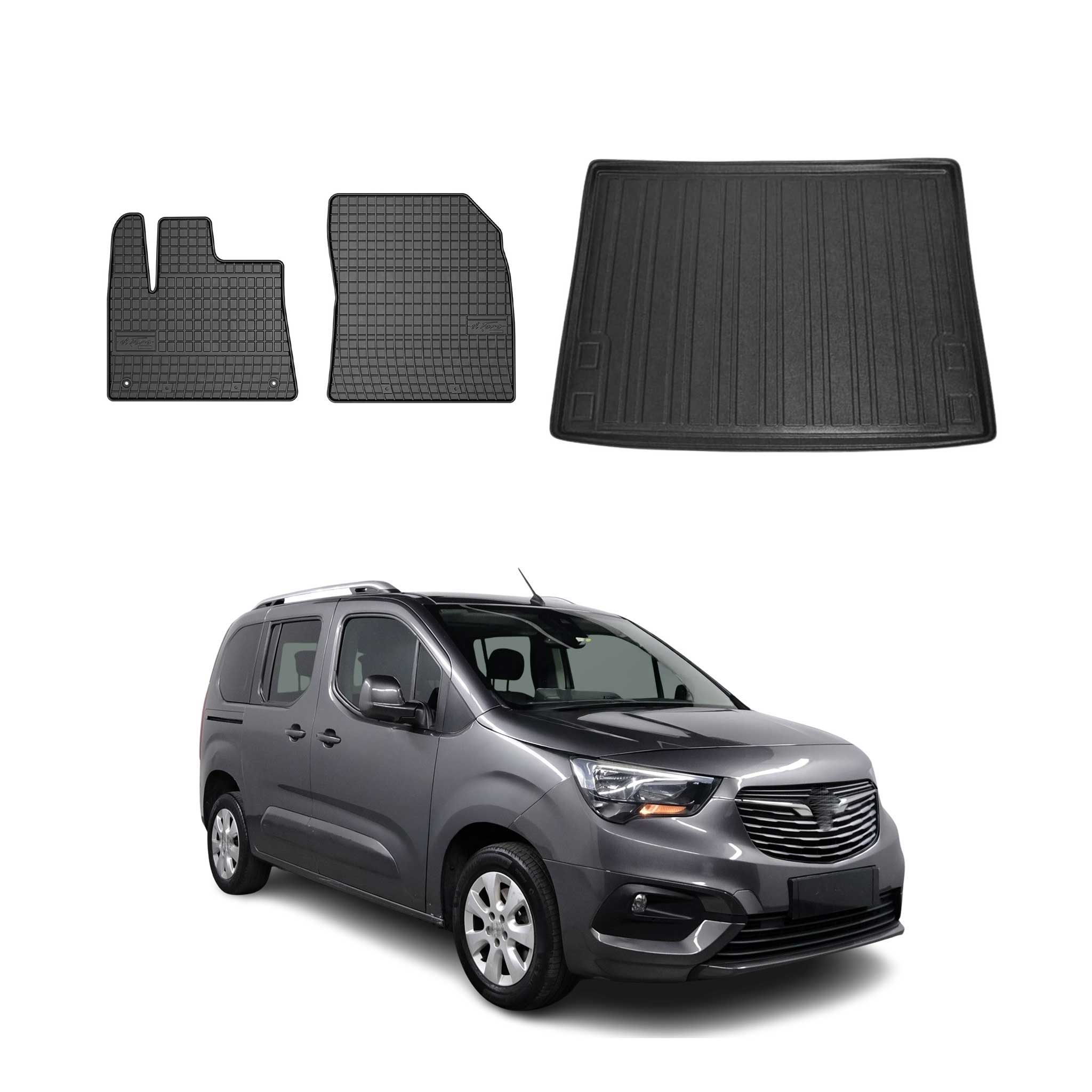 Fußmatten & Kofferraumwanne Set für Opel Combo Life 2019-2026 Gummi Schwarz 3x