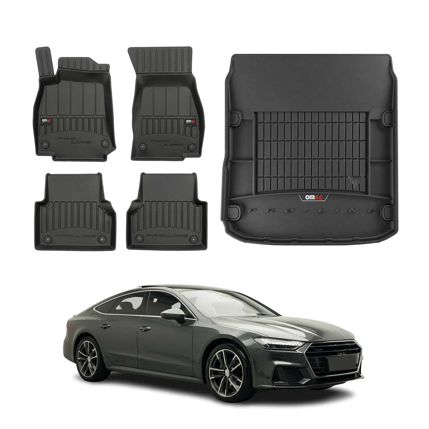 OMAC Fußmatten & Kofferraumwanne Set für Audi A7 C8 2018-2026 Gummi Schwarz 5x