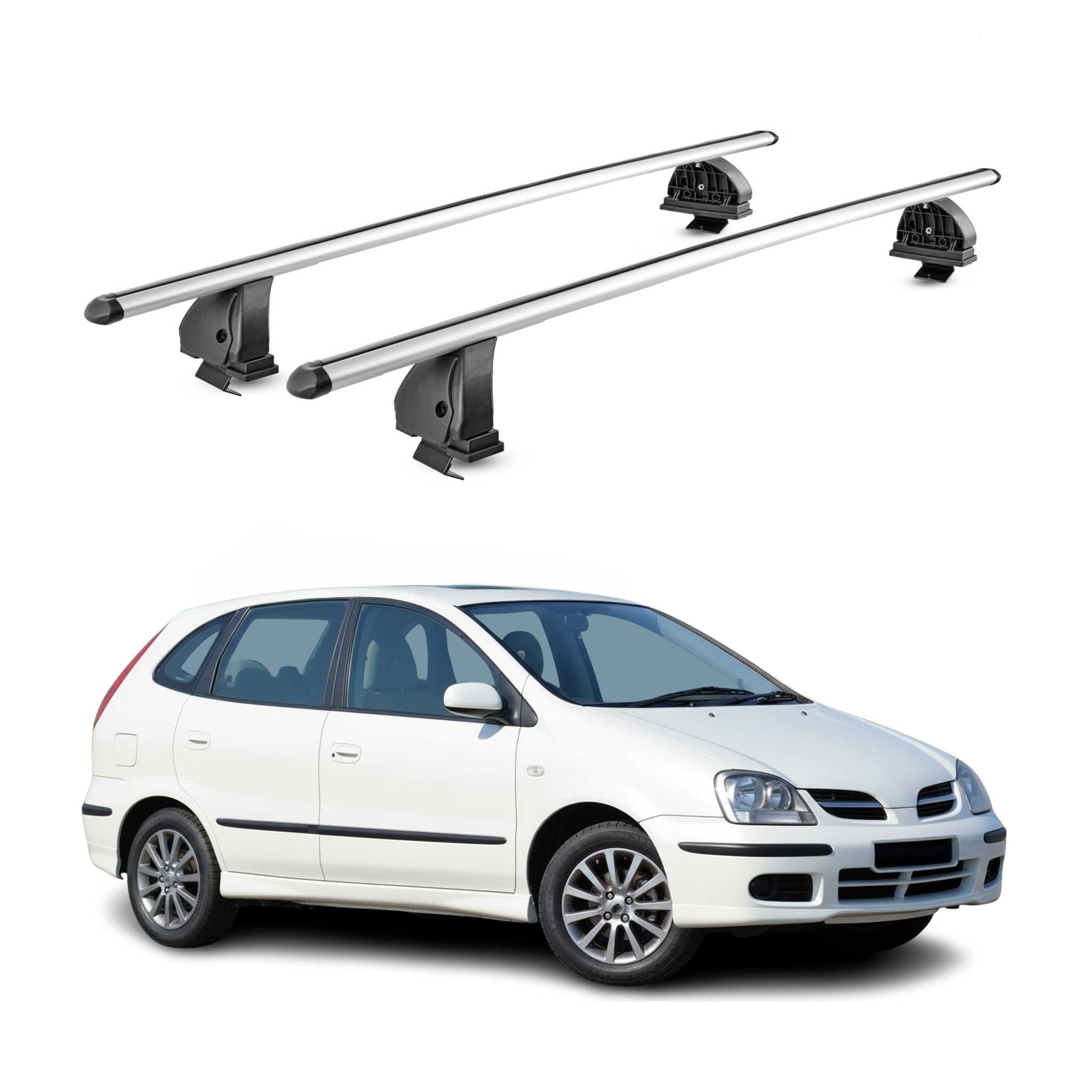 Alu Dachträger für Nissan Almera I Limo 1995-2000 TÜV T-Nut 75 kg 2tlg Silber