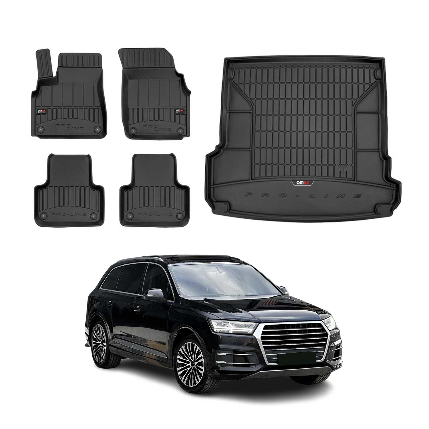 OMAC Fußmatten & Kofferraumwanne Set für Audi Q7 2015-2026 Gummi TPE Schwarz 5x