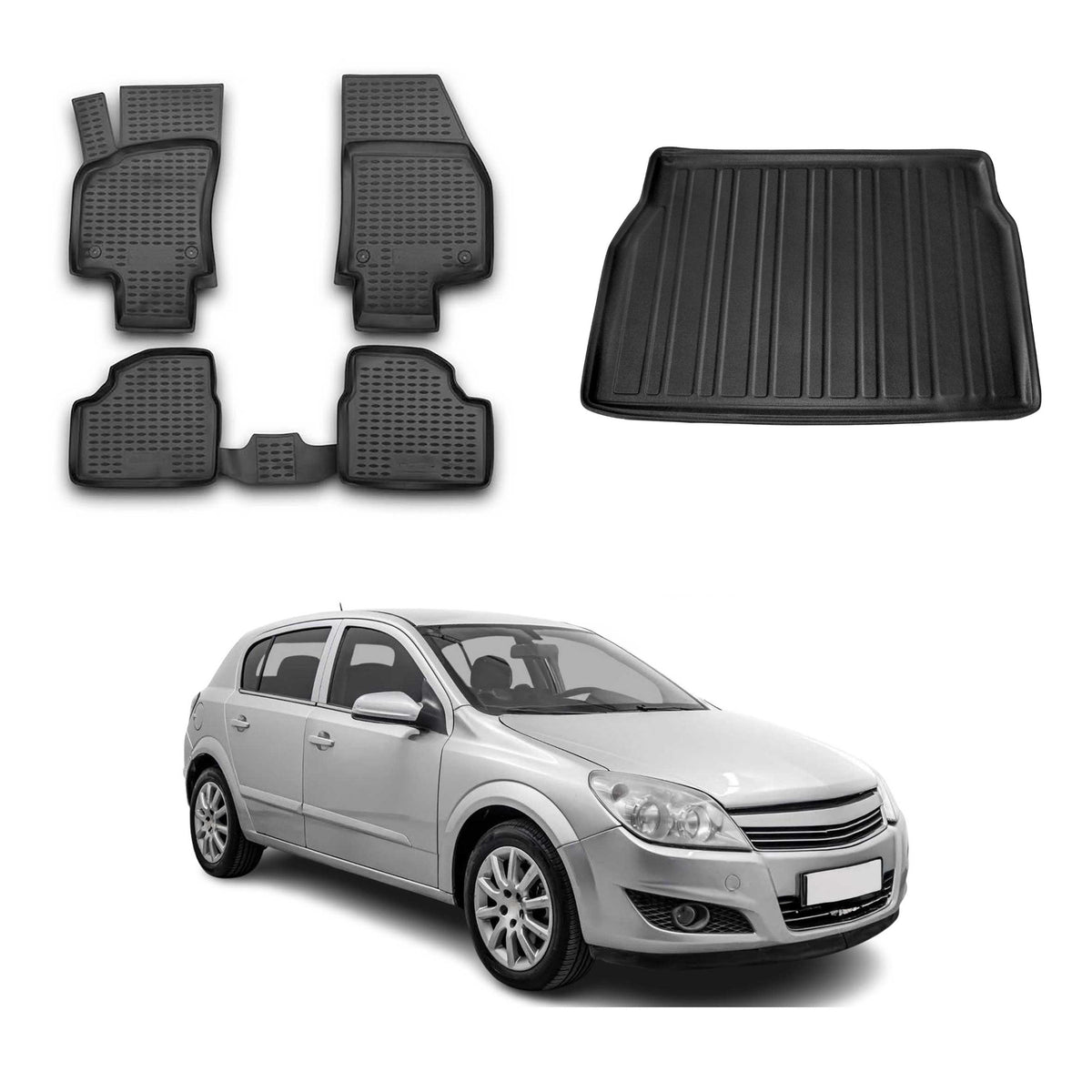Fußmatten & Kofferraumwanne Set für Opel Astra H Schrägheck 2004-2010 Schwarz