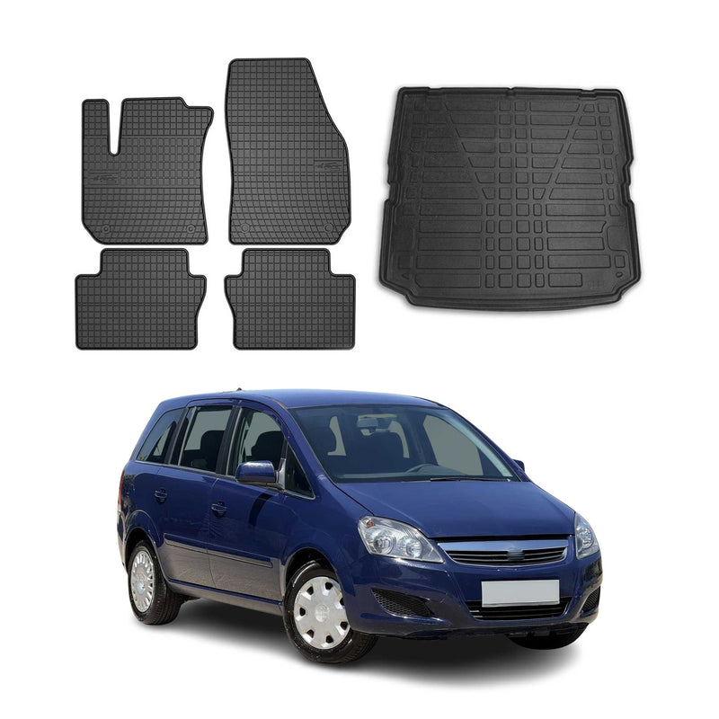 Fußmatten & Kofferraumwanne Set für Opel Zafira B 2005-2011 Gummi Schwarz 5x