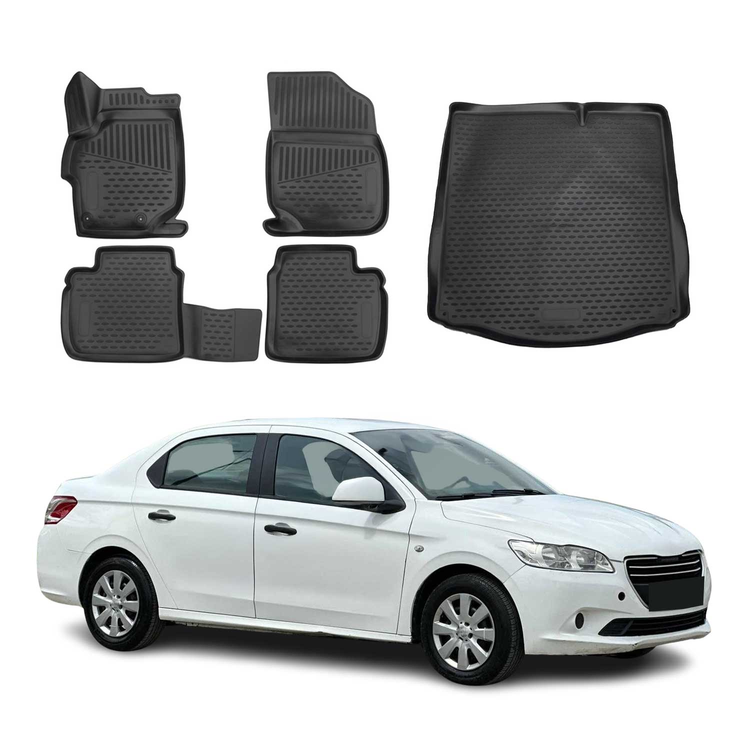 Fußmatten & Kofferraumwanne Set für Peugeot 301 2012-2026 Stufenheck TPE Schwarz