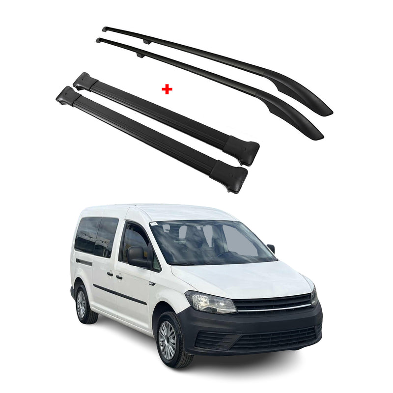 Dachreling + Dachträger SET für VW Caddy 2015-2020 L2 Langer Alu Schwarz 4tlg