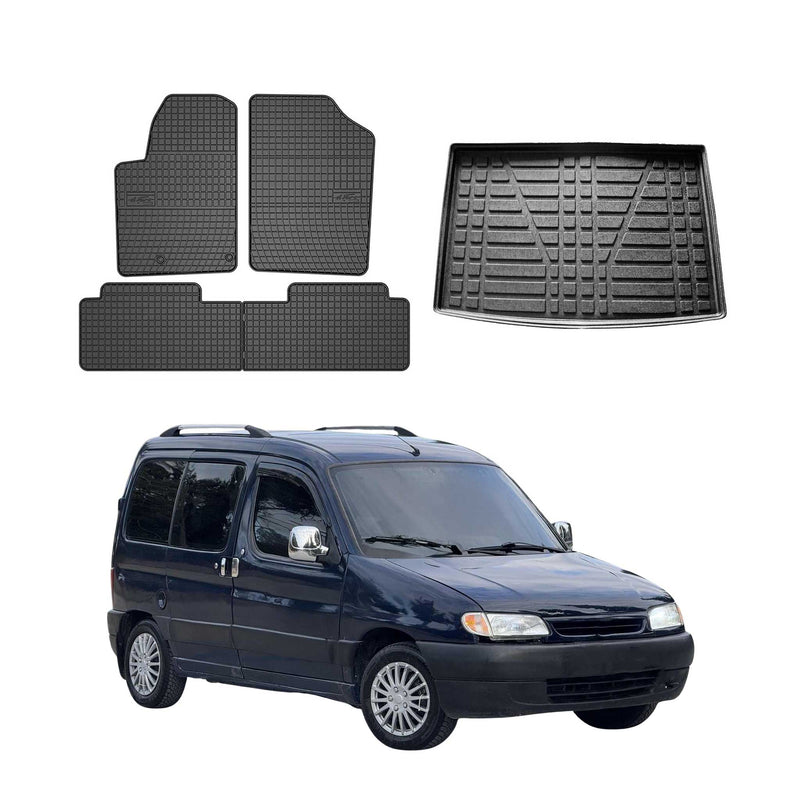 Fußmatten & Kofferraumwanne Set für Citroen Berlingo 1996-2009 Gummi Schwarz 5x