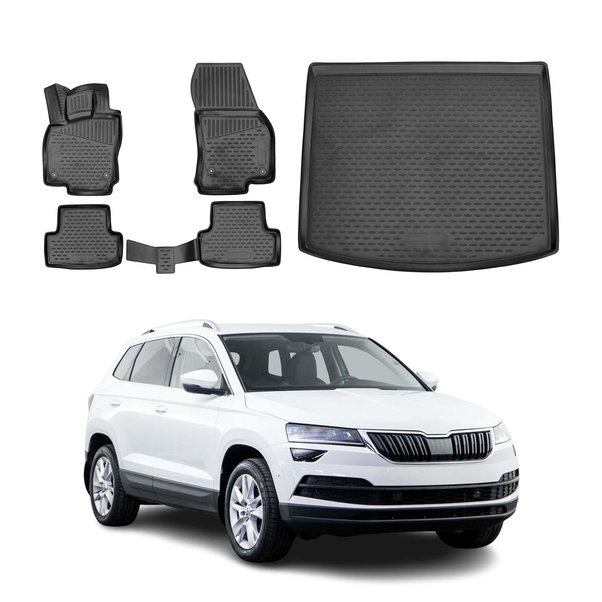 Fußmatten & Kofferraumwanne Set für Skoda Karoq 2017-2026 Gummi TPE Schwarz
