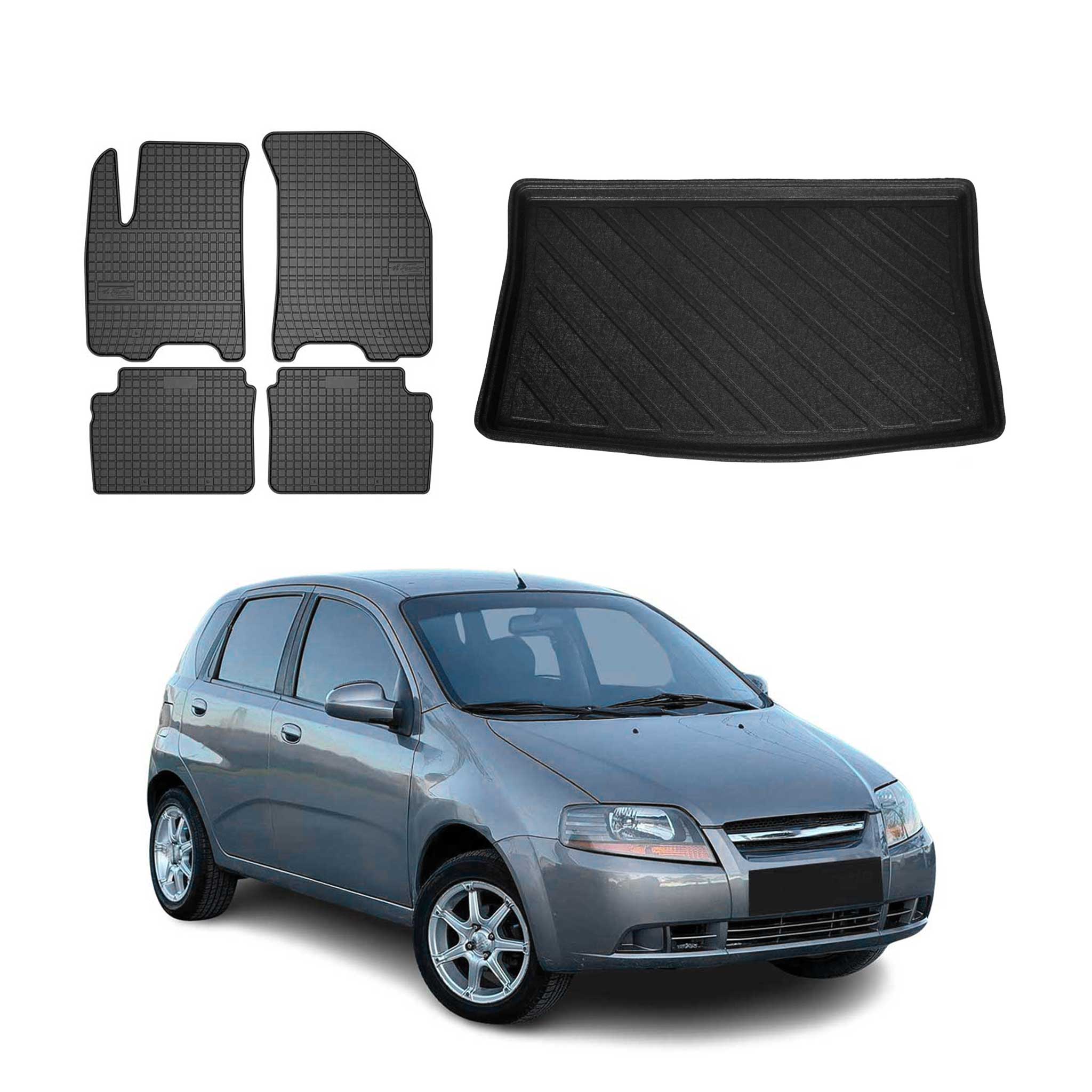 Fußmatten & Kofferraumwanne Set für Chevrolet Kalos 2005-2008 Gummi Schwarz 5x