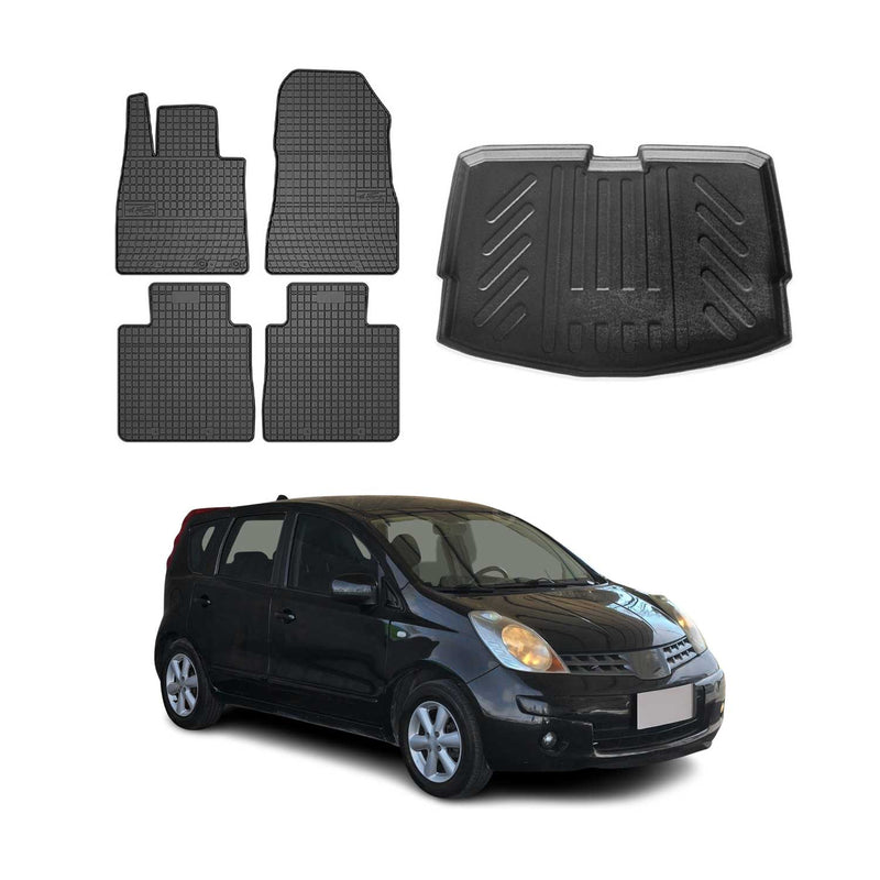 Fußmatten & Kofferraumwanne Set für Nissan Note E12 2012-2016 Gummi Schwarz 5x