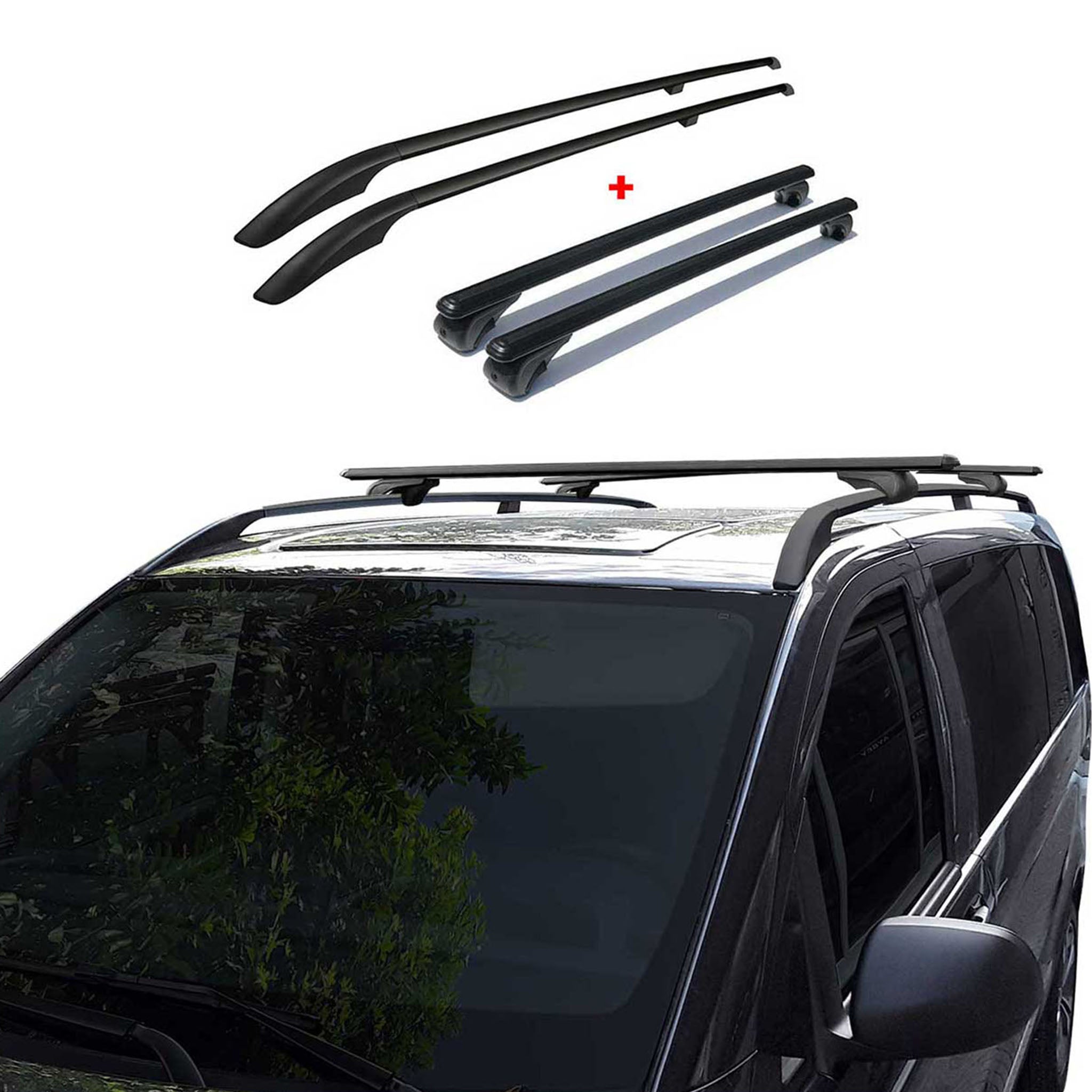 Dachträger + Dachreling SET für VW Caddy 2015-2020 L2 Langer Alu Schwarz 4tlg
