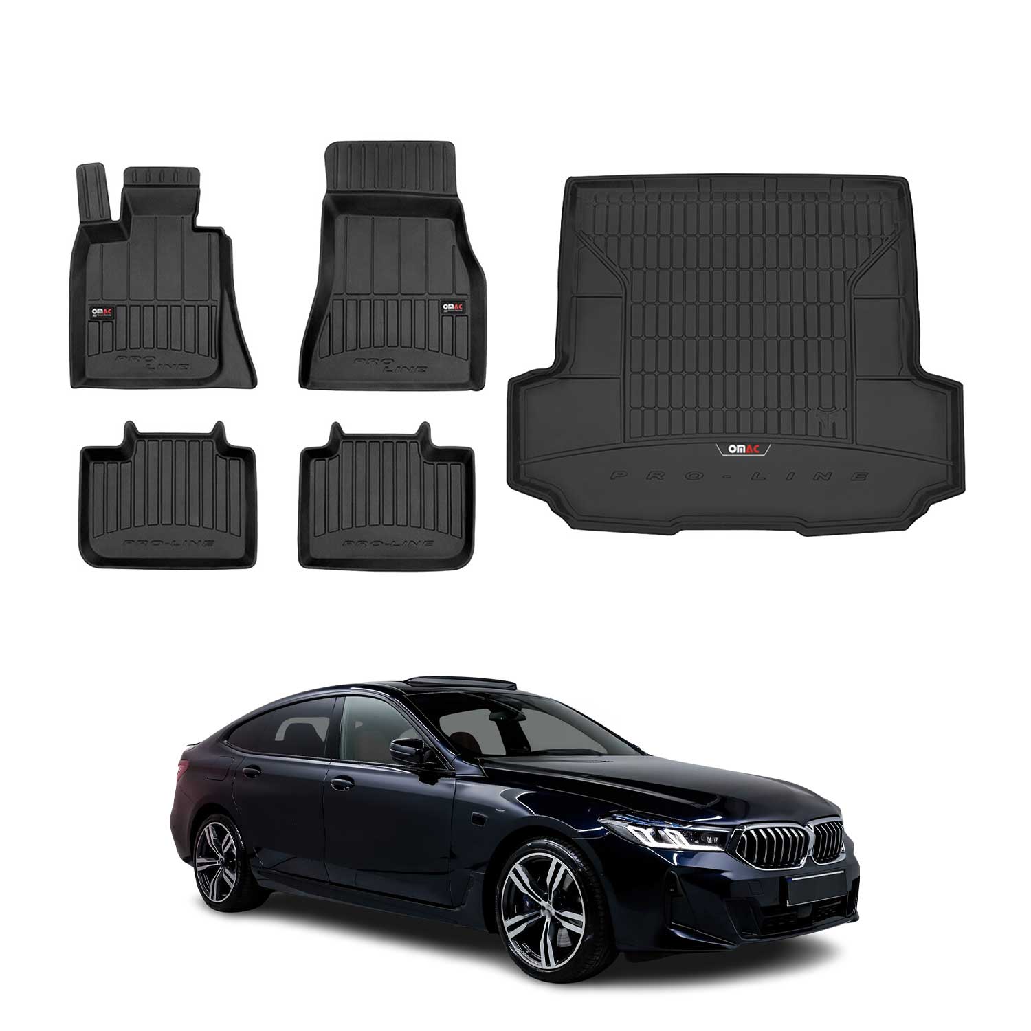 OMAC Fußmatten & Kofferraumwanne Set für BMW 6er G32 2017-2023 Gummi Schwarz 5x