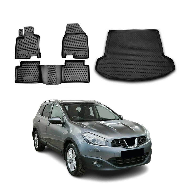 Fußmatten & Kofferraumwanne Set für Nissan Qashqai +2 2008-2014 TPE Schwarz