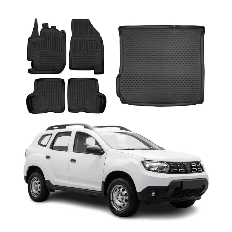 Fußmatten & Kofferraumwanne Set für Dacia Duster 2017-2024 Gummi TPE Schwarz 5x