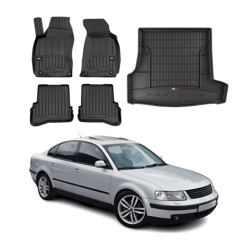 OMAC Fußmatten & Kofferraumwanne Set für VW Passat B5 1996-2005 Gummi Schwarz 5x