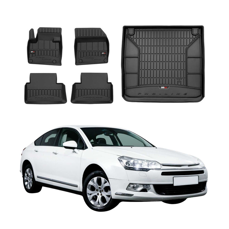 OMAC Fußmatten & Kofferraumwanne Set für Citroen C5 2008-2017 Gummi Schwarz 5x