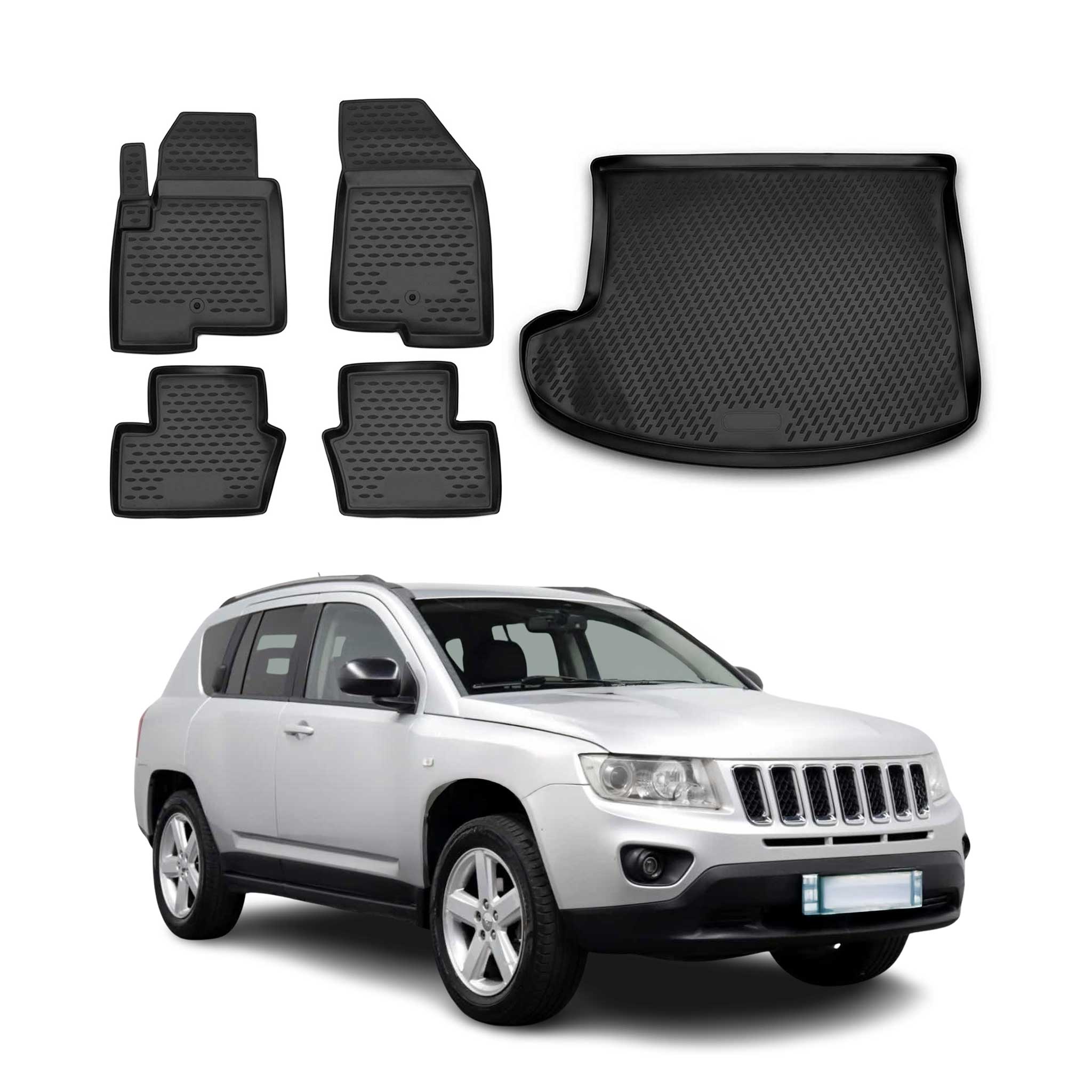 Fußmatten & Kofferraumwanne Set für Jeep Compass 2011-2016 Gummi TPE Schwarz 5x
