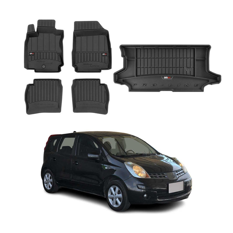 OMAC Fußmatten & Kofferraumwanne Set für Nissan Note 2005-2013 Gummi Schwarz 5x