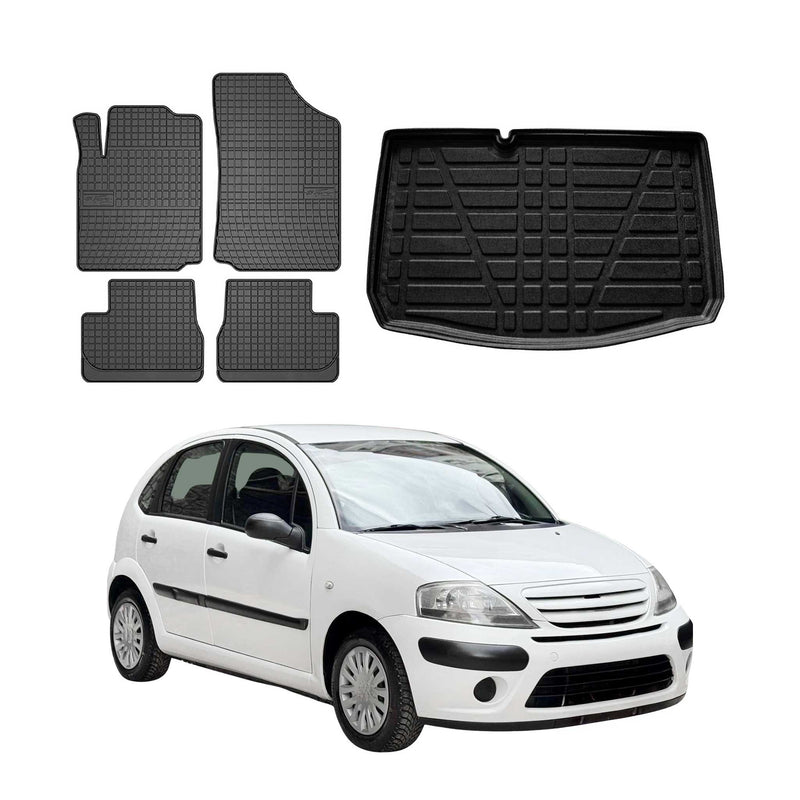 Fußmatten & Kofferraumwanne Set für Citroen C3 2002-2009 Gummi TPE Schwarz 5x