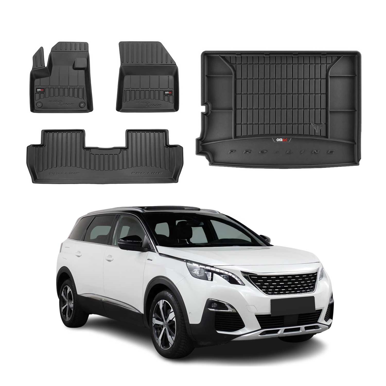 OMAC Fußmatten & Kofferraumwanne Set für Peugeot 5008 2017-2024 Gummi Schwarz 4x