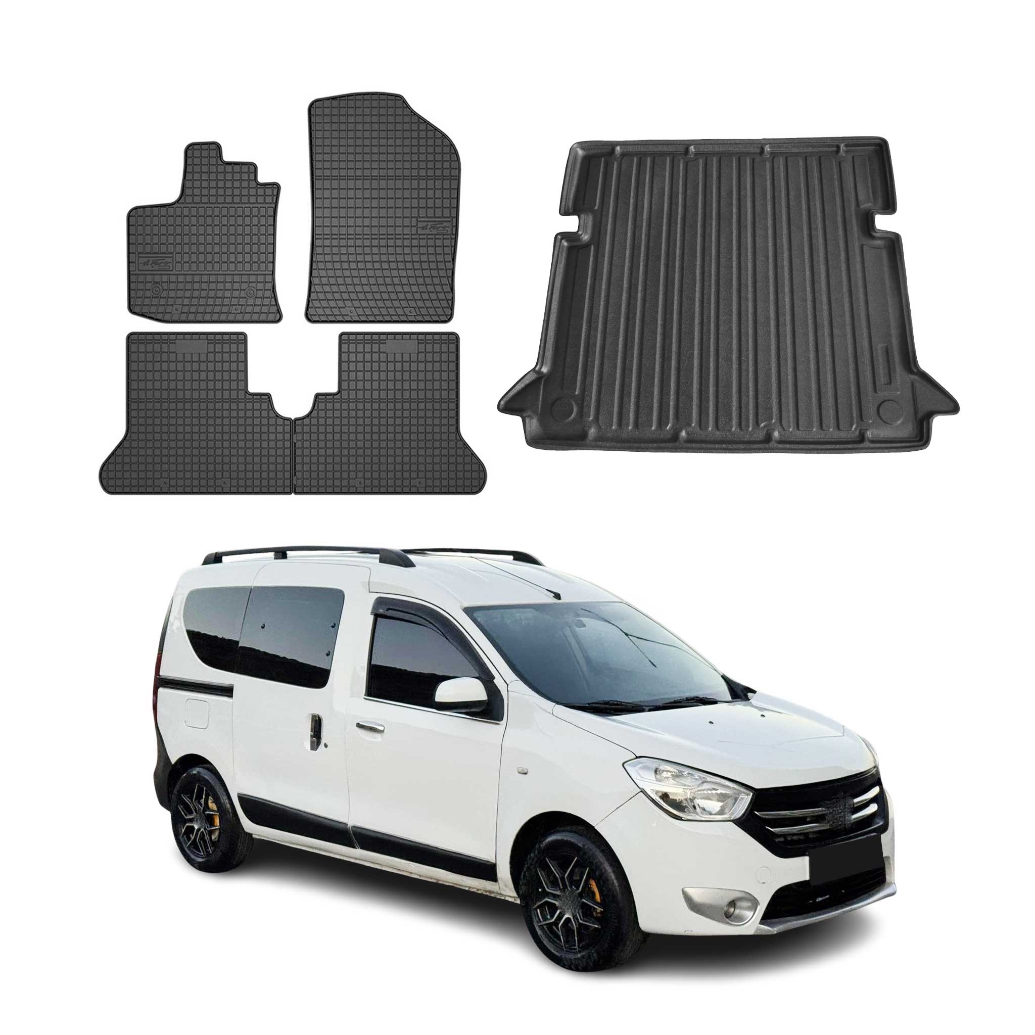 Fußmatten & Kofferraumwanne Set für Dacia Dokker 2012-2024 Gummi TPE Schwarz 5x