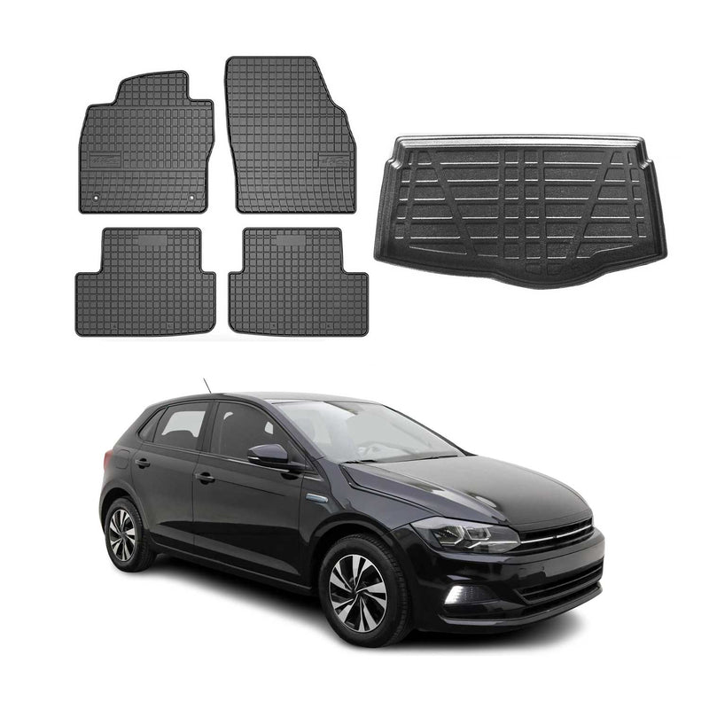 Fußmatten & Kofferraumwanne Set für VW Polo 2017-2021 Untere Gummi Schwarz 5x