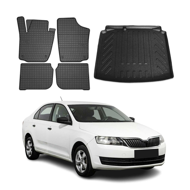 Fußmatten & Kofferraumwanne Set für Skoda Rapid Limo 2012-2019 Gummi Schwarz 5x